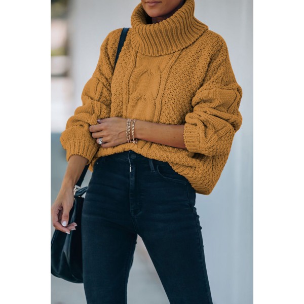 Yellow Solid Turtleneck Cable Knit Pullover Sweater