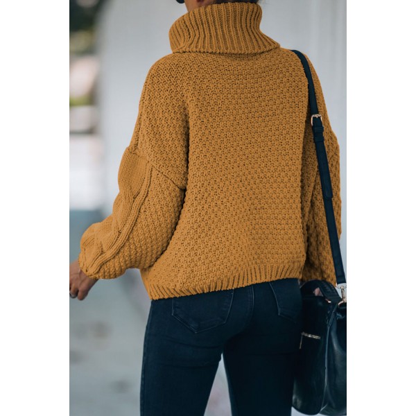 Yellow Solid Turtleneck Cable Knit Pullover Sweater
