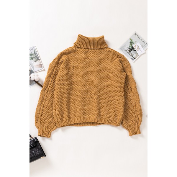 Yellow Solid Turtleneck Cable Knit Pullover Sweater