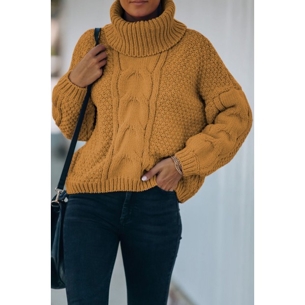 Yellow Solid Turtleneck Cable Knit Pullover Sweater