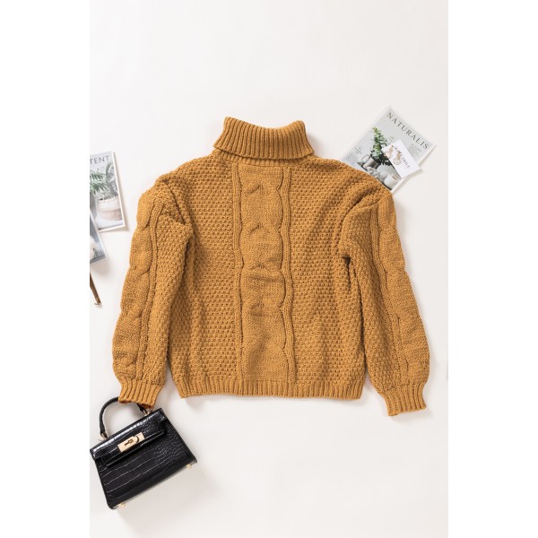 Yellow Solid Turtleneck Cable Knit Pullover Sweater