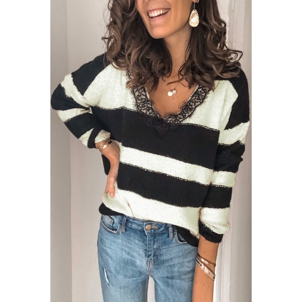 Black Striped Lace Splicing V Neck Knit Sweater