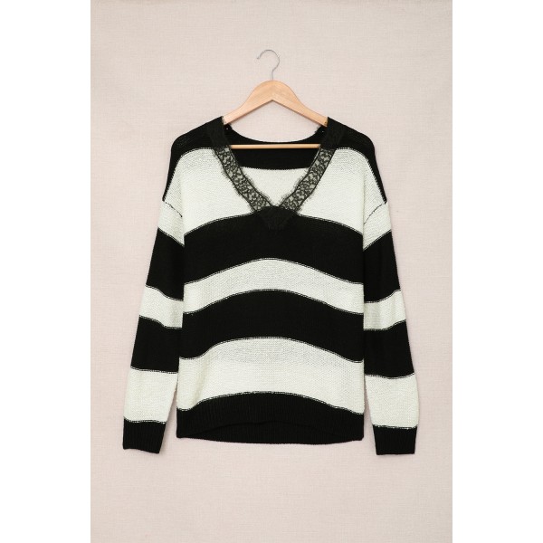 Black Striped Lace Splicing V Neck Knit Sweater