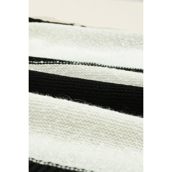Black Striped Lace Splicing V Neck Knit Sweater