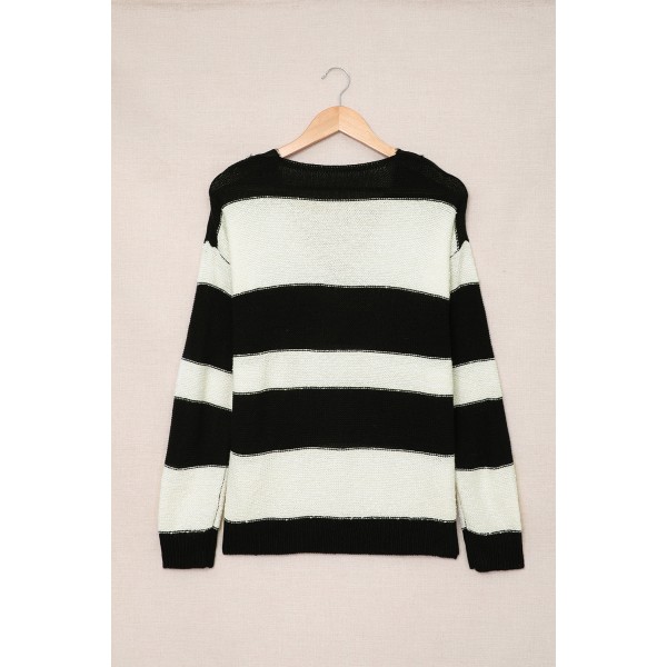 Black Striped Lace Splicing V Neck Knit Sweater