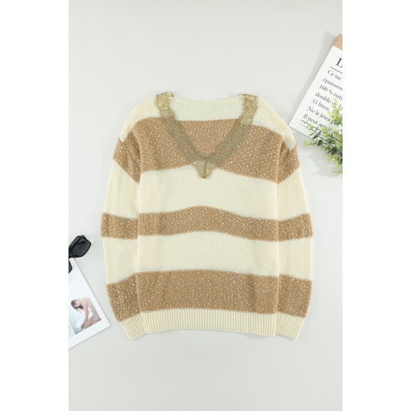 Khaki Striped Lace Splicing V Neck Knit Sweater