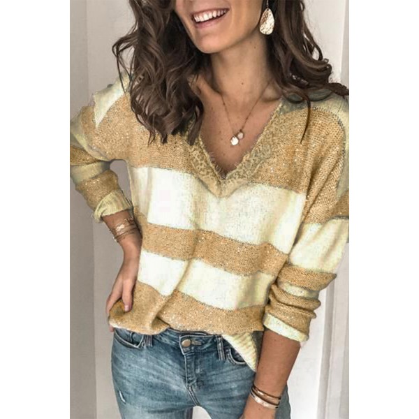 Khaki Striped Lace Splicing V Neck Knit Sweater