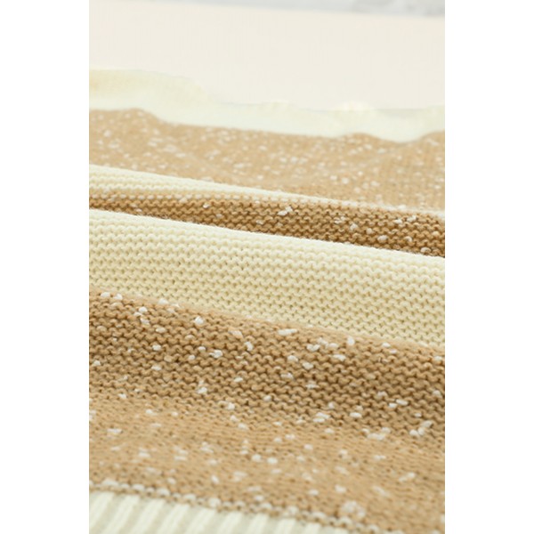 Khaki Striped Lace Splicing V Neck Knit Sweater