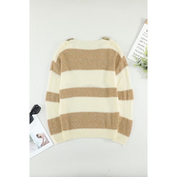 Khaki Striped Lace Splicing V Neck Knit Sweater