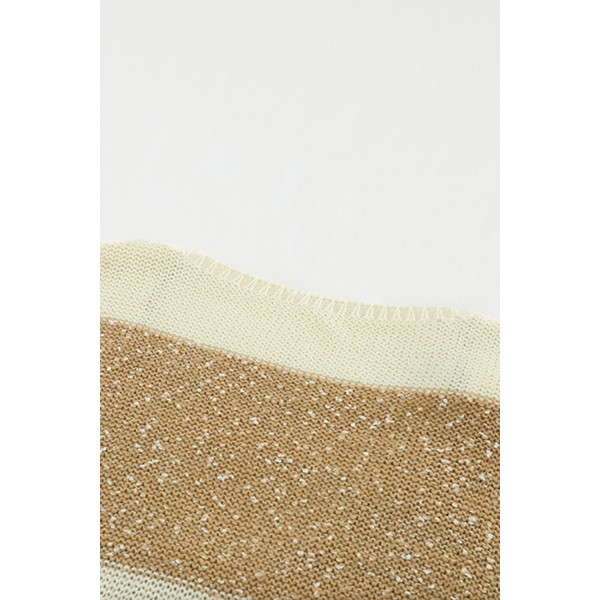 Khaki Striped Lace Splicing V Neck Knit Sweater