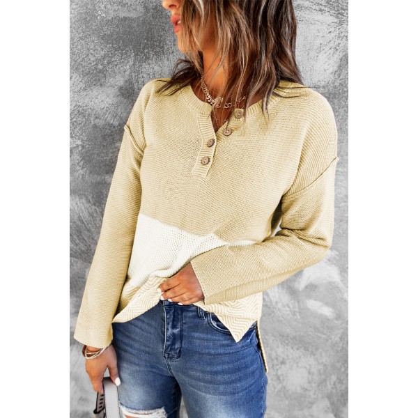 Khaki Splicing Buttoned Knitted Long Sleeve Sweater