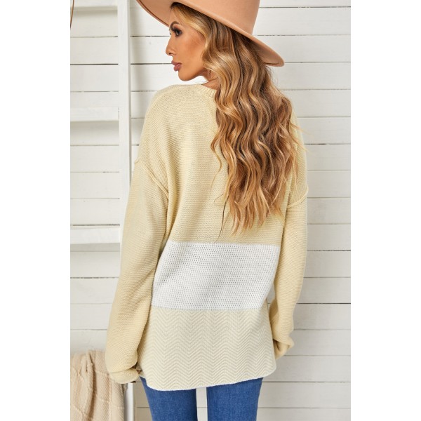 Khaki Splicing Buttoned Knitted Long Sleeve Sweater