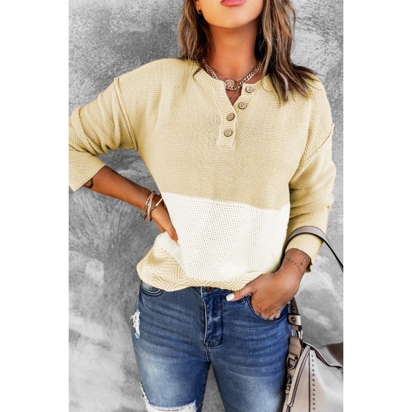 Khaki Splicing Buttoned Knitted Long Sleeve Sweater