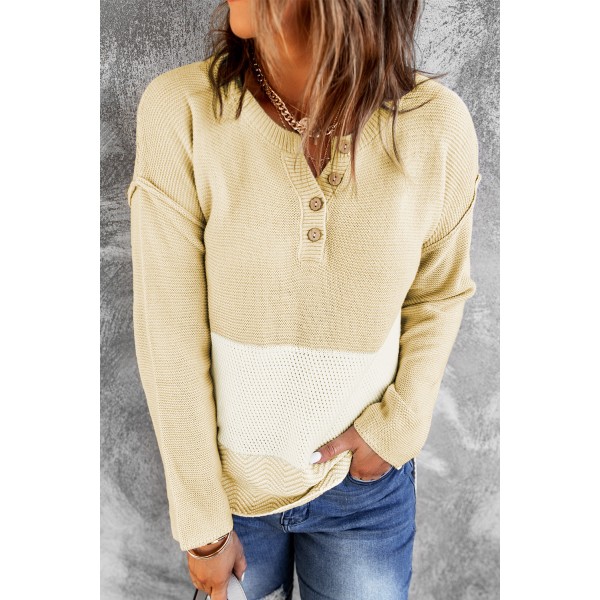 Khaki Splicing Buttoned Knitted Long Sleeve Sweater