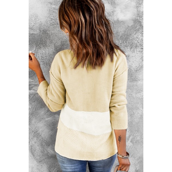 Khaki Splicing Buttoned Knitted Long Sleeve Sweater