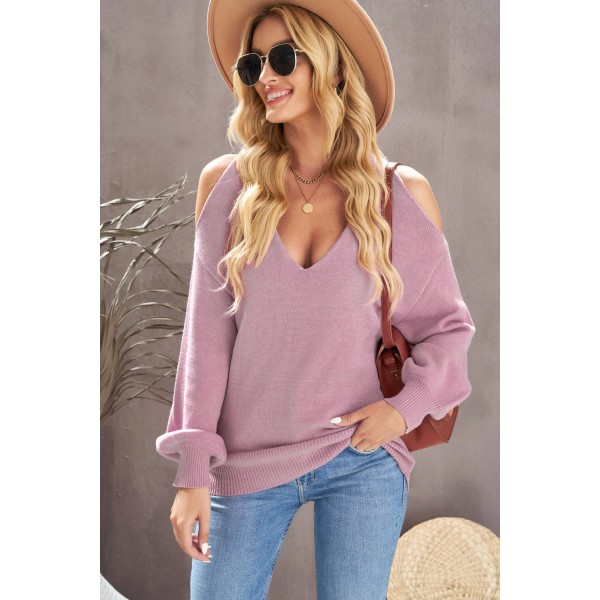 Pink V Neck Twisted Back Cold Shoulder Sweater
