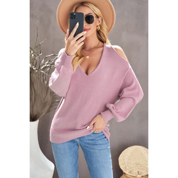 Pink V Neck Twisted Back Cold Shoulder Sweater