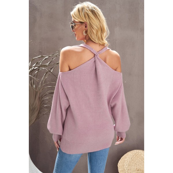 Pink V Neck Twisted Back Cold Shoulder Sweater