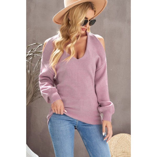 Pink V Neck Twisted Back Cold Shoulder Sweater