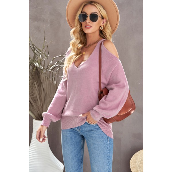 Pink V Neck Twisted Back Cold Shoulder Sweater