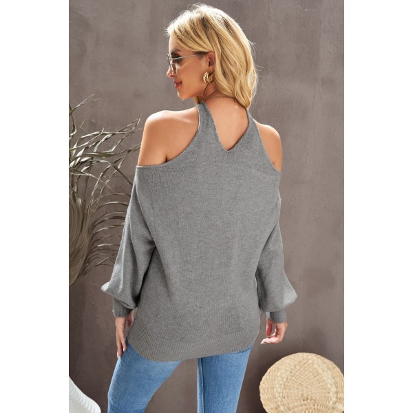 Grey V Neck Twisted Back Cold Shoulder Sweater
