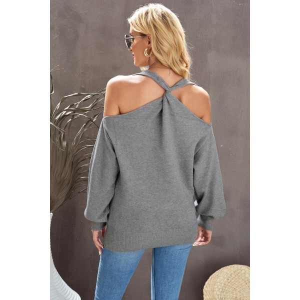 Grey V Neck Twisted Back Cold Shoulder Sweater