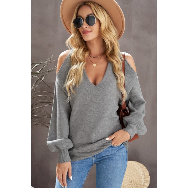 Grey V Neck Twisted Back Cold Shoulder Sweater