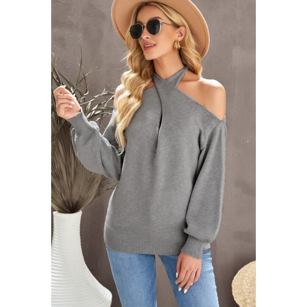 Grey V Neck Twisted Back Cold Shoulder Sweater