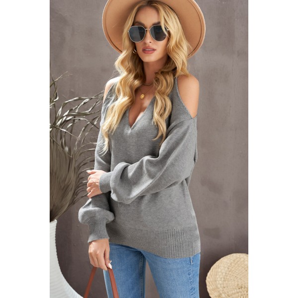 Grey V Neck Twisted Back Cold Shoulder Sweater