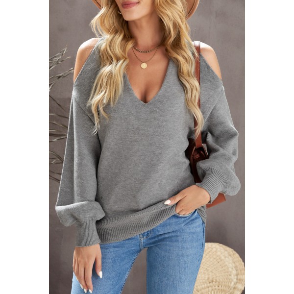 Grey V Neck Twisted Back Cold Shoulder Sweater