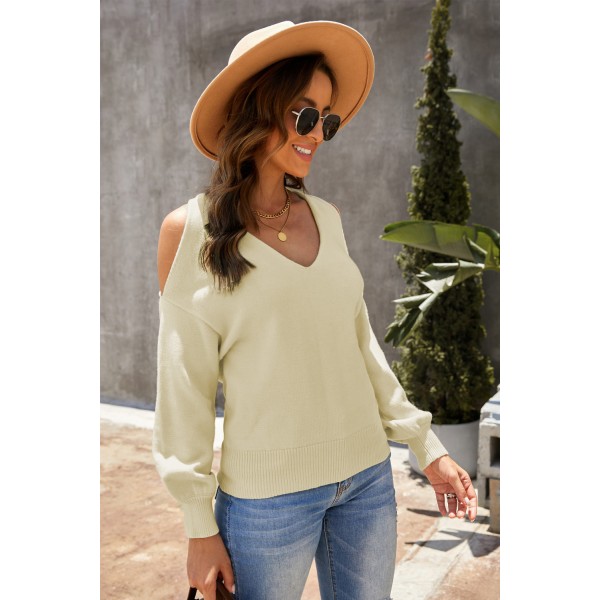 Apricot V Neck Twisted Back Cold Shoulder Sweater