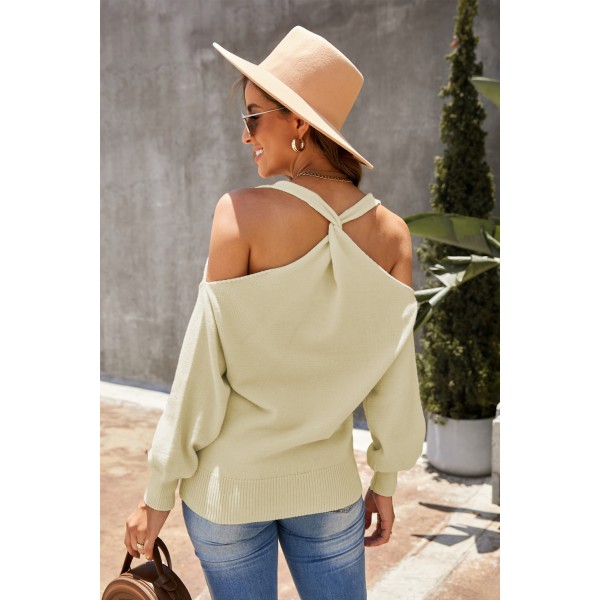 Apricot V Neck Twisted Back Cold Shoulder Sweater