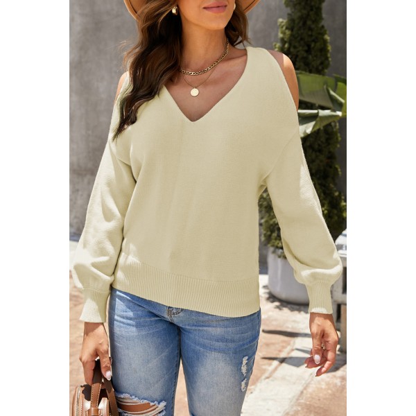 Apricot V Neck Twisted Back Cold Shoulder Sweater