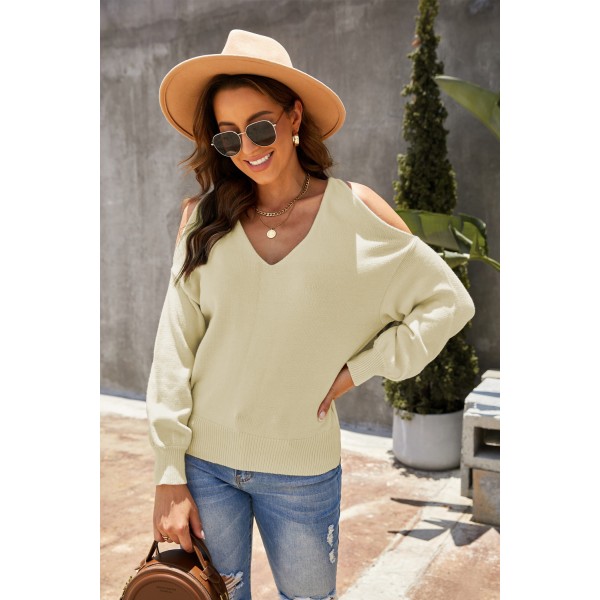 Apricot V Neck Twisted Back Cold Shoulder Sweater