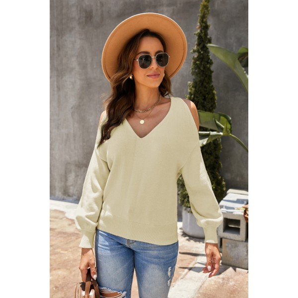 Apricot V Neck Twisted Back Cold Shoulder Sweater