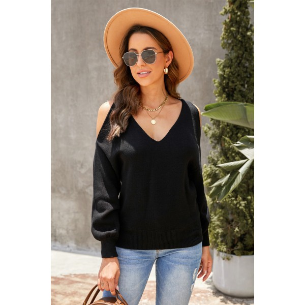 Black V Neck Twisted Back Cold Shoulder Sweater