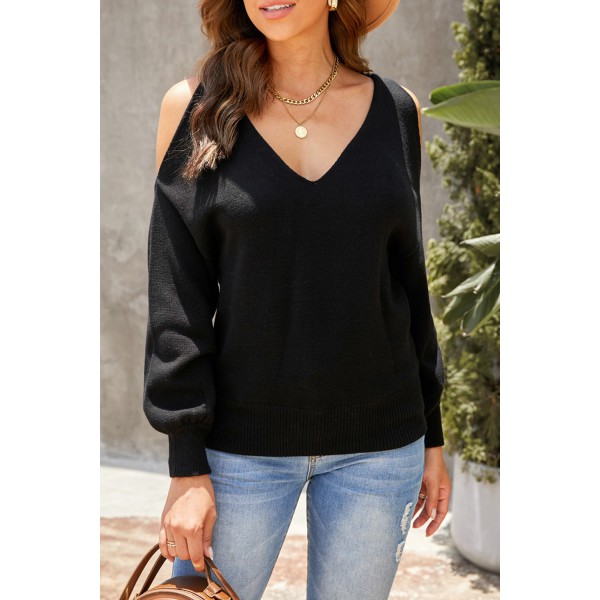 Black V Neck Twisted Back Cold Shoulder Sweater