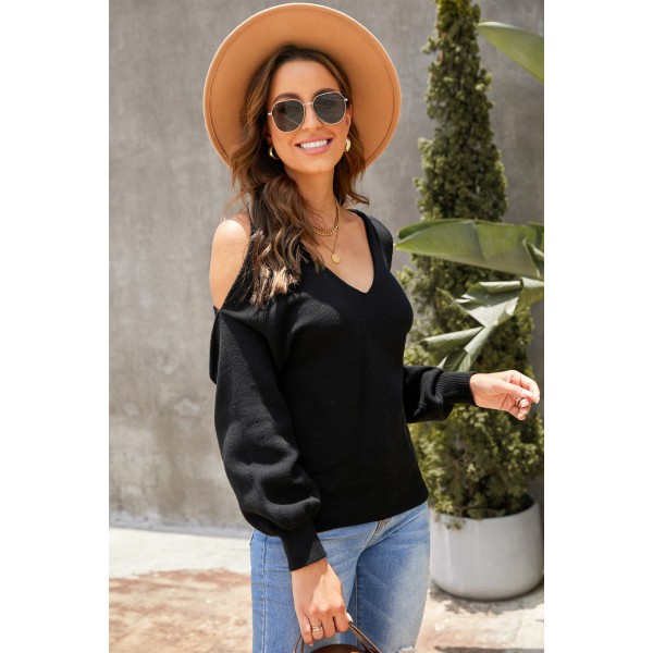 Black V Neck Twisted Back Cold Shoulder Sweater