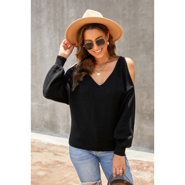 Black V Neck Twisted Back Cold Shoulder Sweater