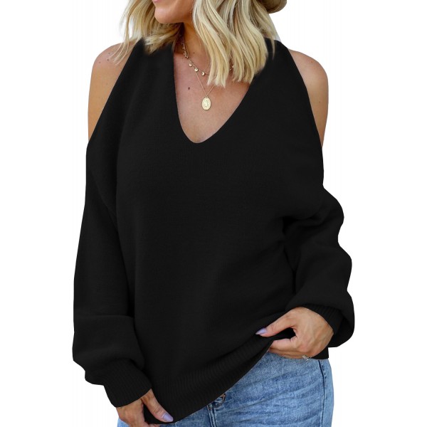 Black V Neck Twisted Back Cold Shoulder Sweater
