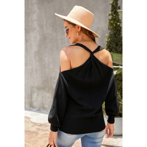 Black V Neck Twisted Back Cold Shoulder Sweater
