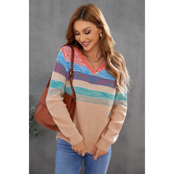 Multicolor Striped V Neck Pullover Sweater