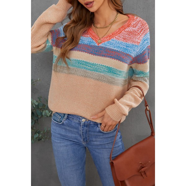 Multicolor Striped V Neck Pullover Sweater