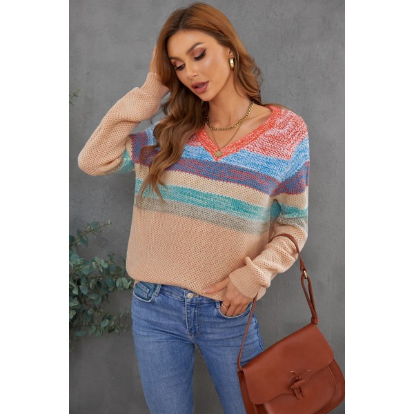 Multicolor Striped V Neck Pullover Sweater