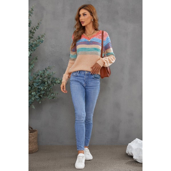 Multicolor Striped V Neck Pullover Sweater