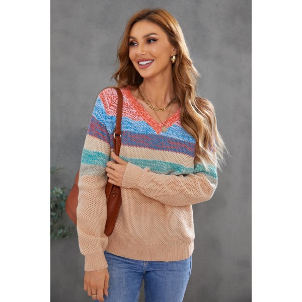 Multicolor Striped V Neck Pullover Sweater
