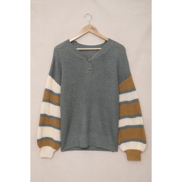 Gray Striped Raglan Sleeve Drop Shoulder Sweater