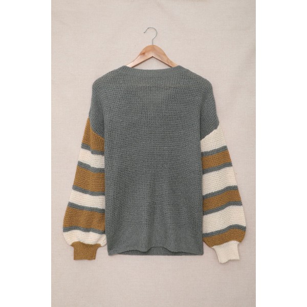 Gray Striped Raglan Sleeve Drop Shoulder Sweater