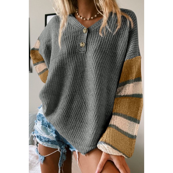Gray Striped Raglan Sleeve Drop Shoulder Sweater