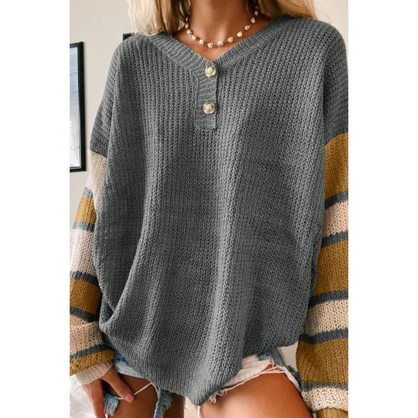 Gray Striped Raglan Sleeve Drop Shoulder Sweater